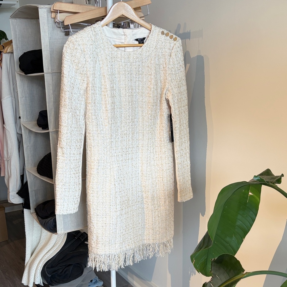 Guess by Marciano Cream Tweed Fringe Shift Dress